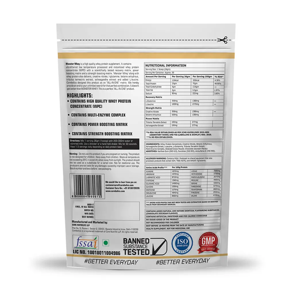Corebolics Monster Whey - Whey Concentrate Formula 1.8 kg - 50 servings