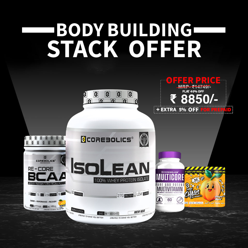 STACK OFFER ISOLEAN WHEY PROTEIN ISOLATE + RE-CORE BCAA + TOTAL CHAOS PRE-WORKOUT + MULTICORE (PURE & POTENT MULTIVITAMIN)