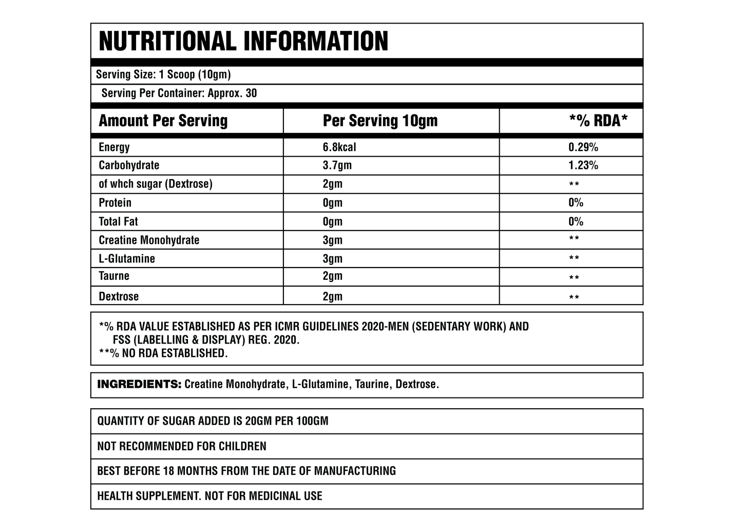 Corebolics CGT (Creatine, Glutamine & Taurine),(Unflavored, 300 gm, 30 Servings)