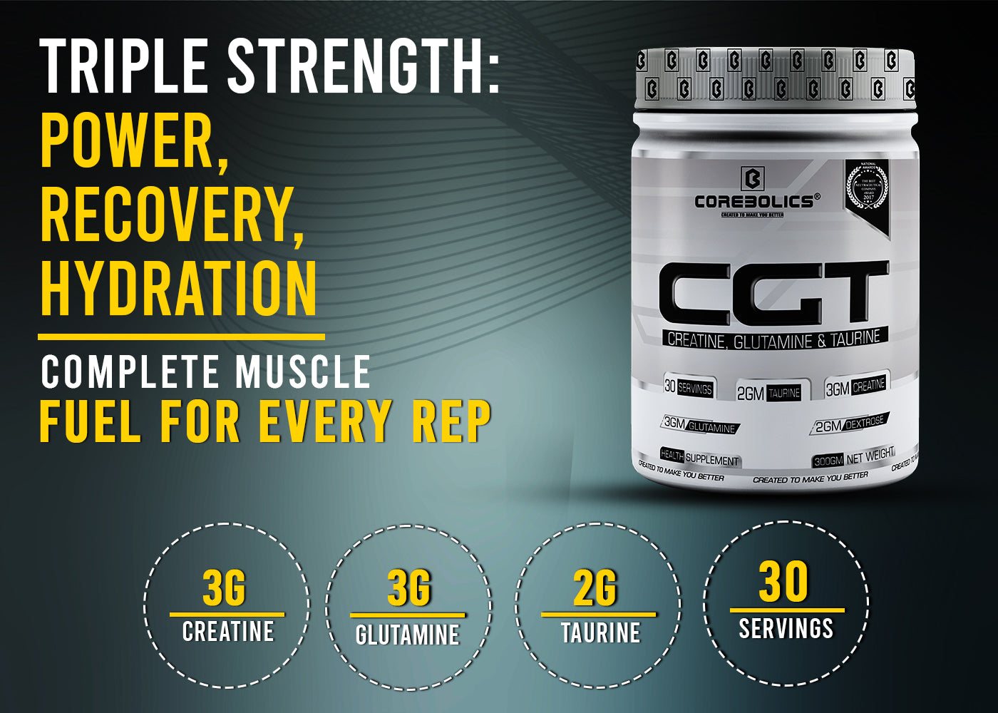 Corebolics CGT (Creatine, Glutamine & Taurine),(Unflavored, 300 gm, 30 Servings)