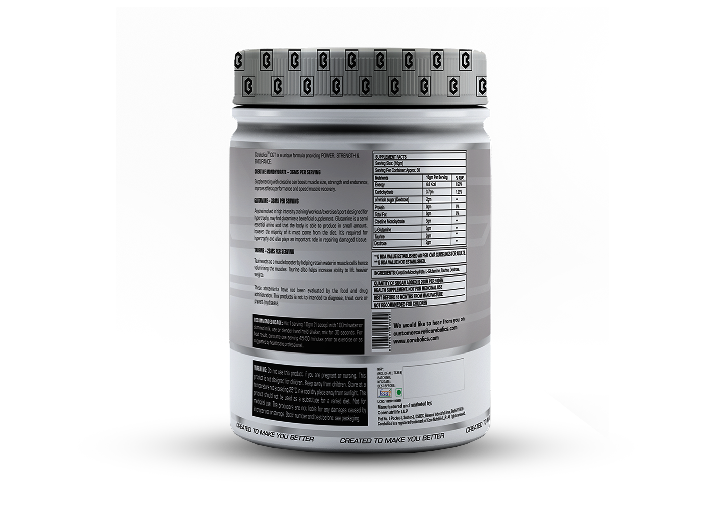 Corebolics CGT (Creatine, Glutamine & Taurine),(Unflavored, 300 gm, 30 Servings)