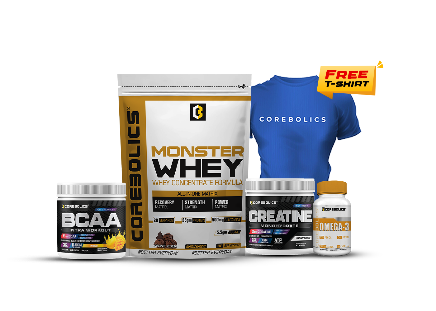 Corebolics Complete Muscle Stack | (4-in-1 Combo) + FREE T-Shirt