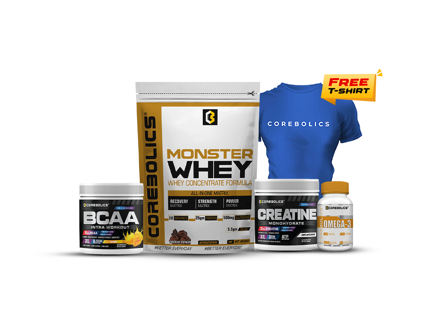 Corebolics Complete Muscle Stack | (4-in-1 Combo) + FREE T-Shirt