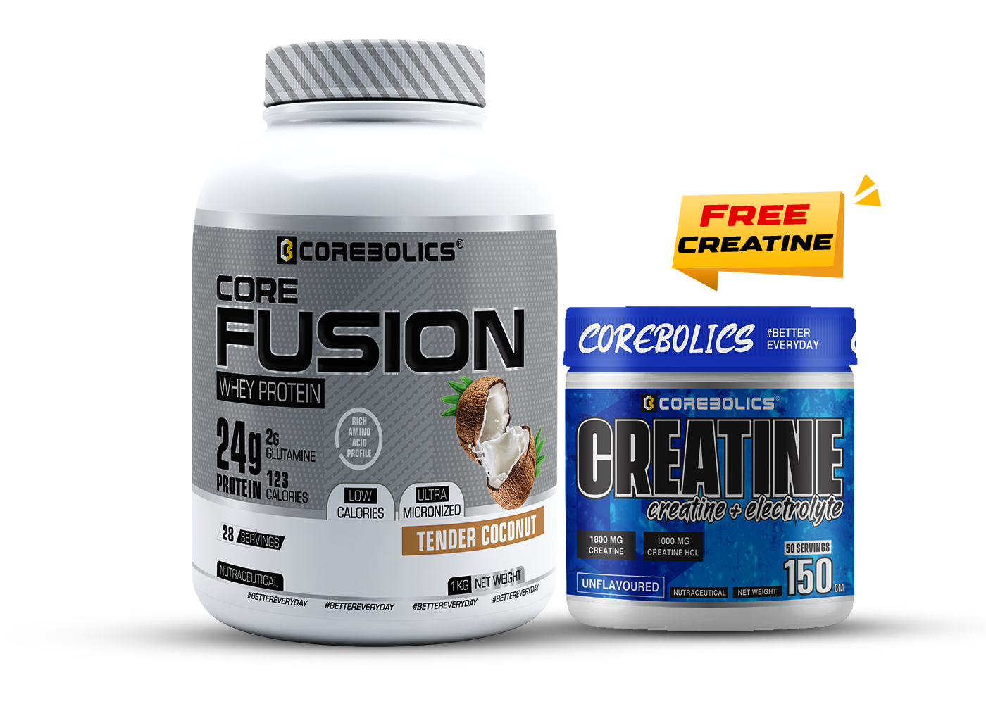 Corebolics Core Fusion Whey Protein  (1 kg, 28 Servings ) + 150g Creatine Free