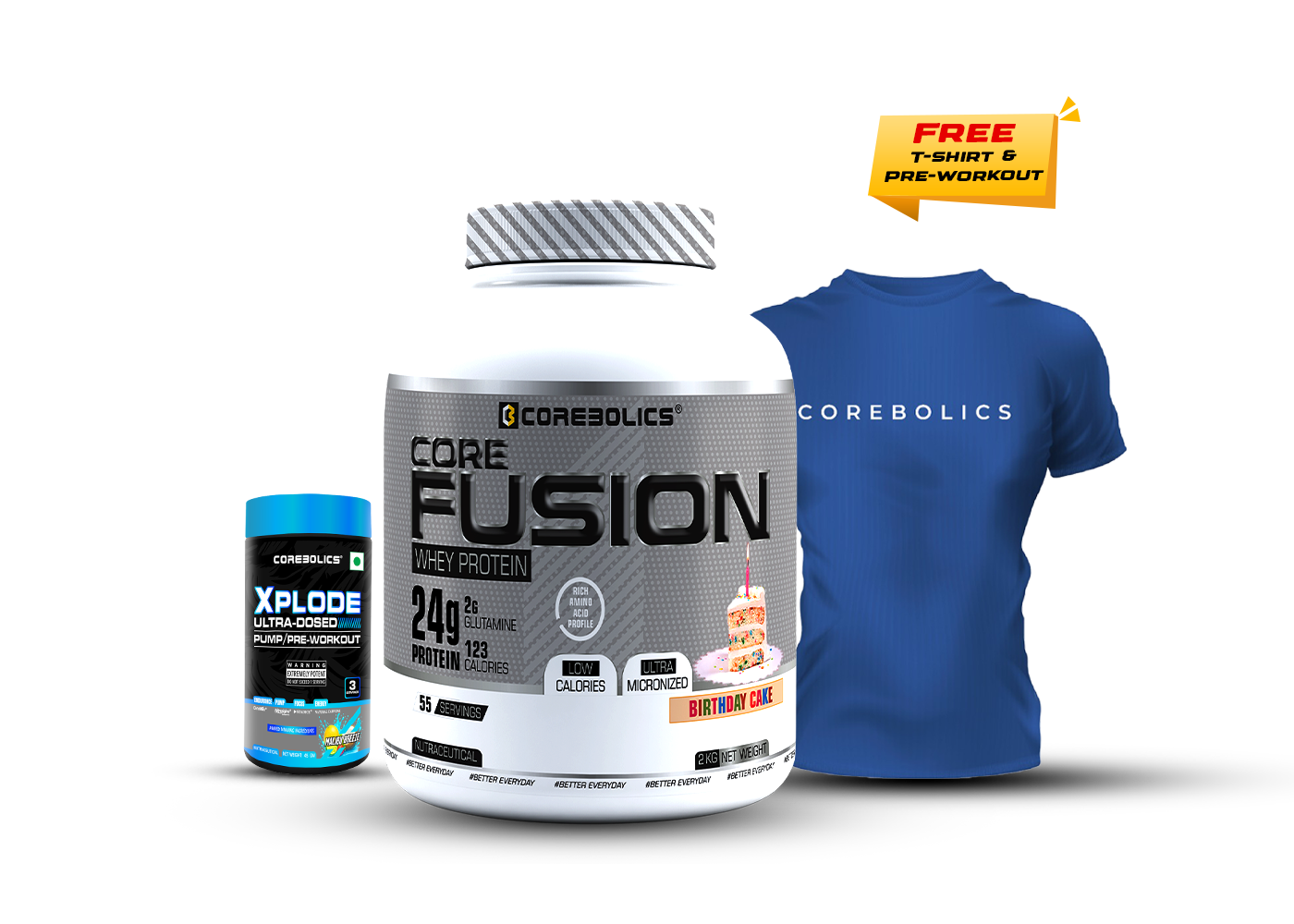 COREBOLICS CORE FUSION WHEY PROTEIN ( 2KG , 55 SERVINGS ) + Free T-Shirt & Pre-Workout (45G)