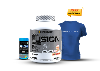 COREBOLICS CORE FUSION WHEY PROTEIN ( 2KG , 55 SERVINGS ) + Free T-Shirt & Pre-Workout (45G)