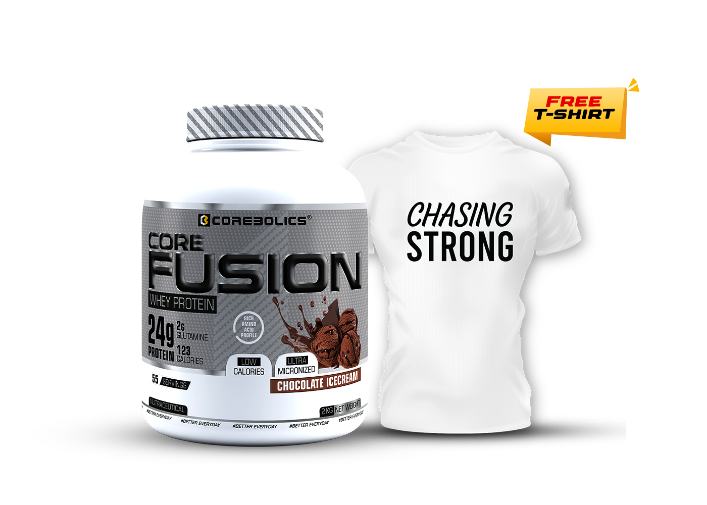 COREBOLICS CORE FUSION WHEY PROTEIN ( 2KG , 55 SERVINGS ) FREE T-Shirt
