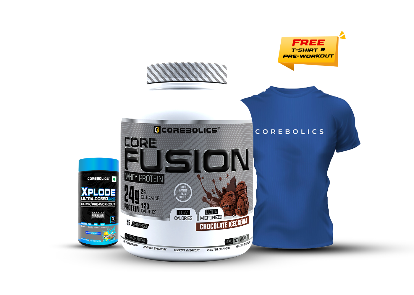 COREBOLICS CORE FUSION WHEY PROTEIN ( 2KG , 55 SERVINGS ) + Free T-Shirt & Pre-Workout (45G)