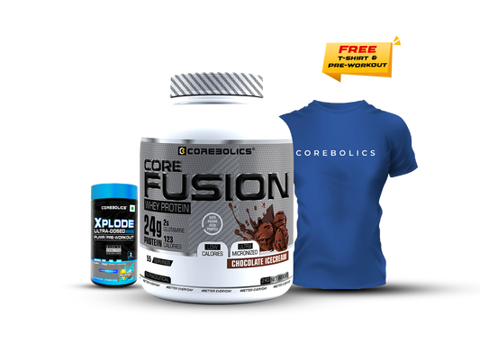COREBOLICS CORE FUSION WHEY PROTEIN ( 2KG , 55 SERVINGS ) + Free T-Shirt & Pre-Workout (45G)