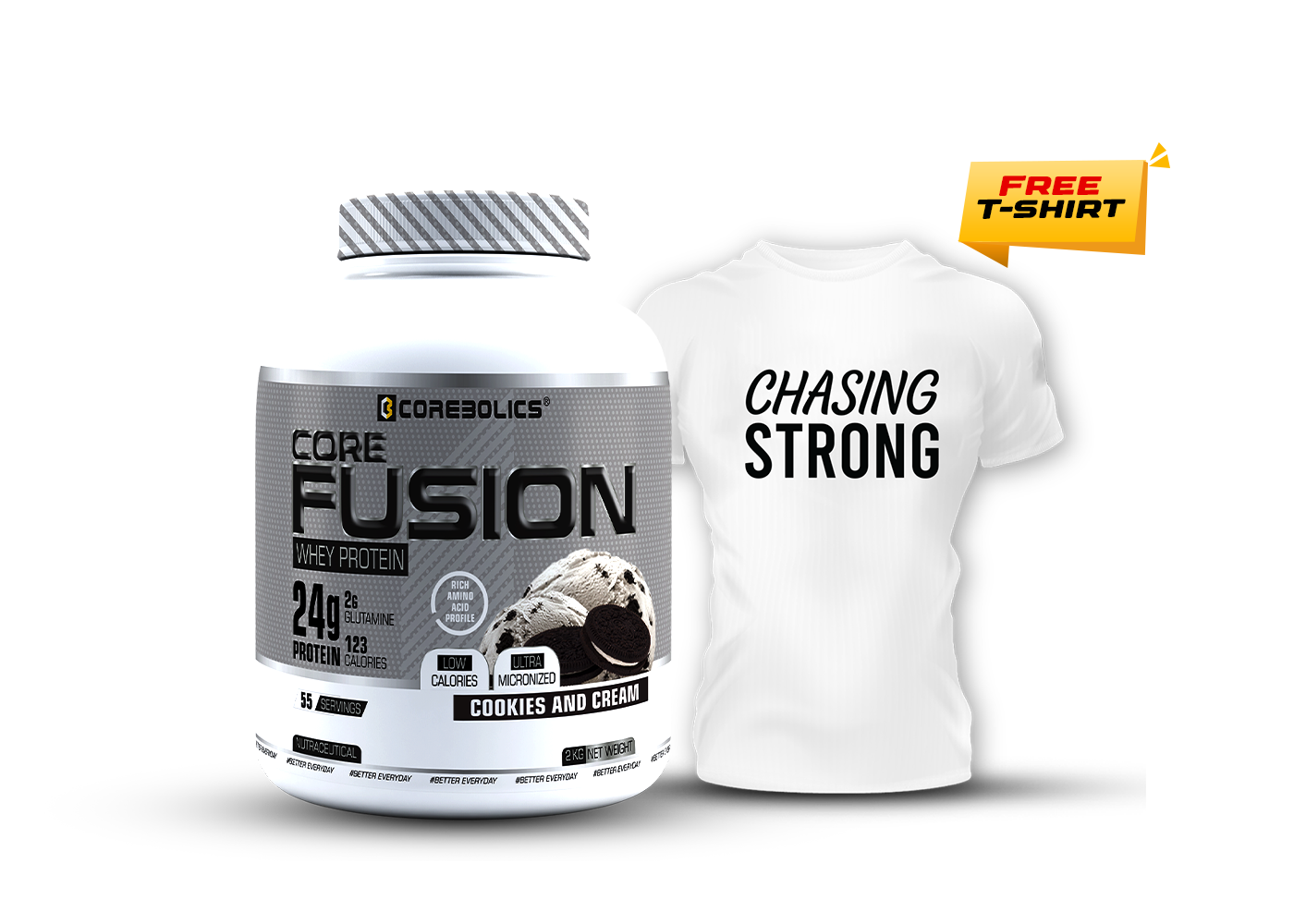 COREBOLICS CORE FUSION WHEY PROTEIN ( 2KG , 55 SERVINGS ) FREE T-Shirt
