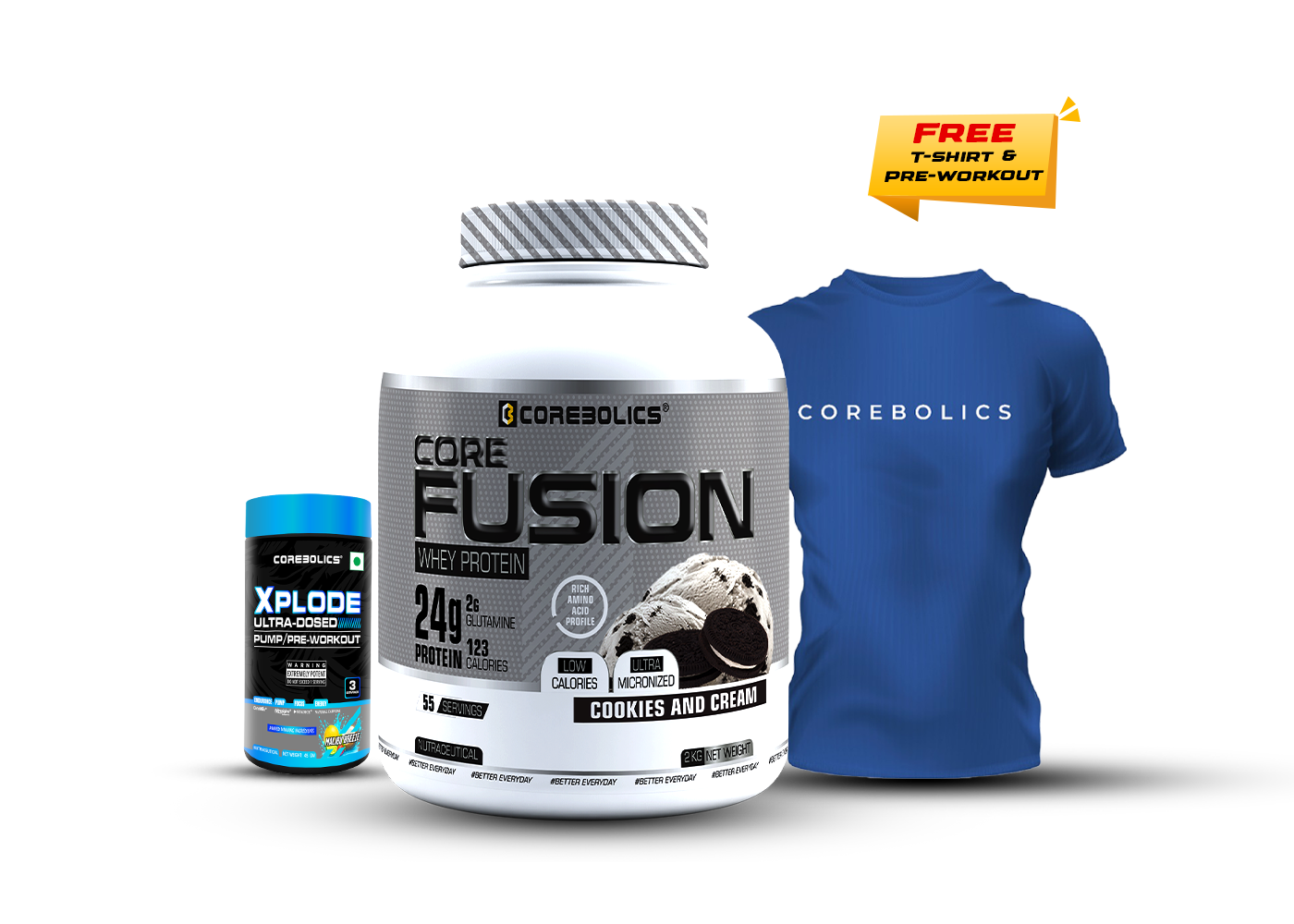 COREBOLICS CORE FUSION WHEY PROTEIN ( 2KG , 55 SERVINGS ) + Free T-Shirt & Pre-Workout (45G)