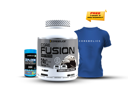 COREBOLICS CORE FUSION WHEY PROTEIN ( 2KG , 55 SERVINGS ) + Free T-Shirt & Pre-Workout (45G)