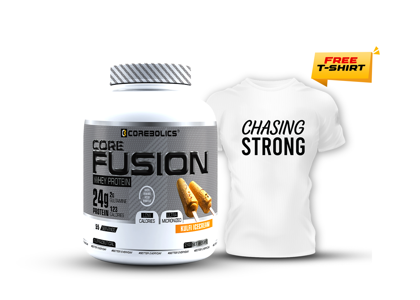 COREBOLICS CORE FUSION WHEY PROTEIN ( 2KG , 55 SERVINGS ) FREE T-Shirt