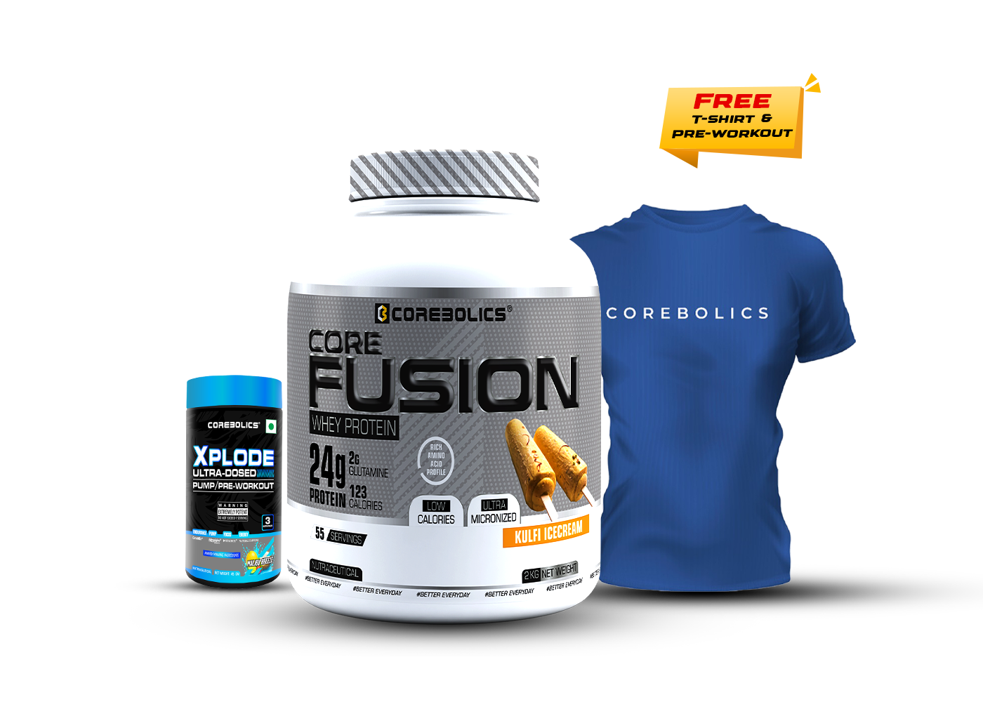 COREBOLICS CORE FUSION WHEY PROTEIN ( 2KG , 55 SERVINGS ) + Free T-Shirt & Pre-Workout (45G)