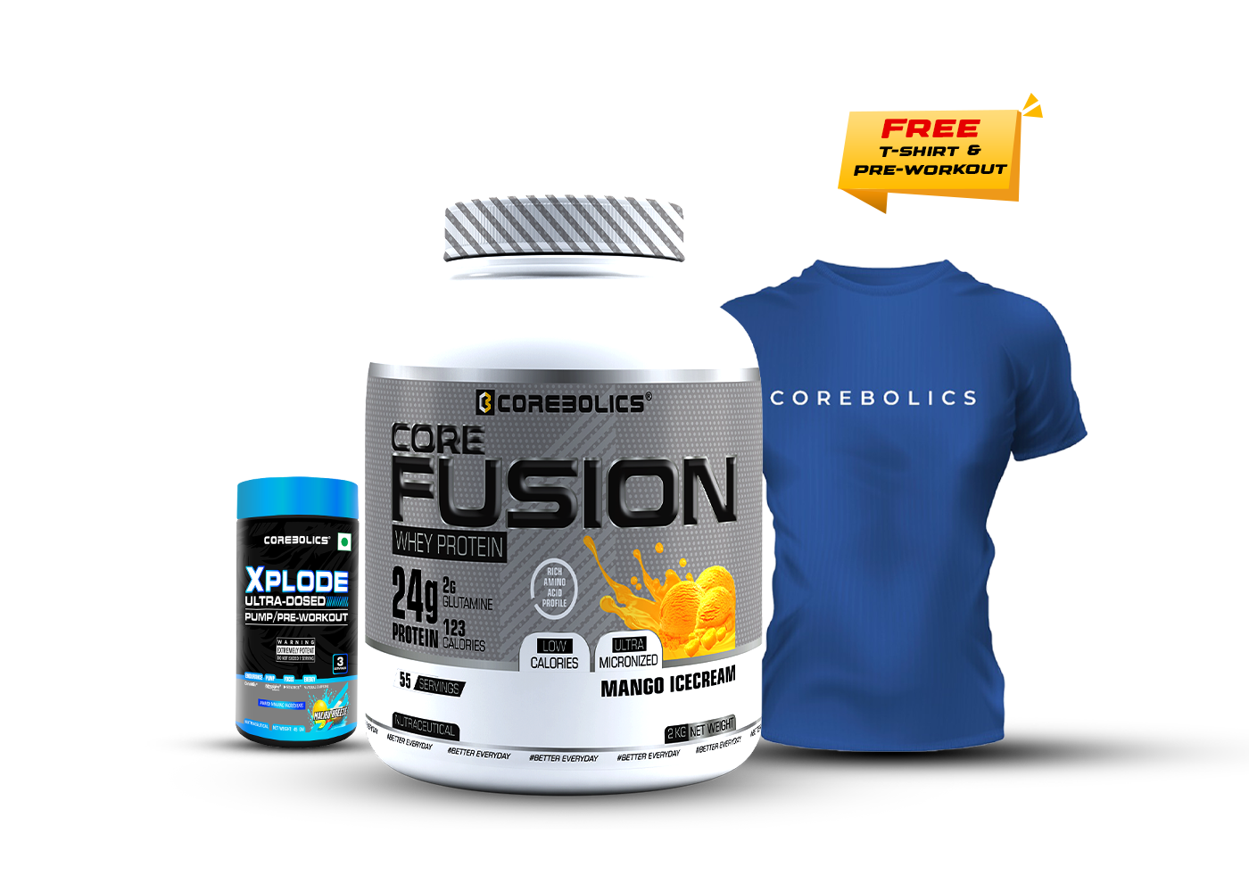 COREBOLICS CORE FUSION WHEY PROTEIN ( 2KG , 55 SERVINGS ) + Free T-Shirt & Pre-Workout (45G)