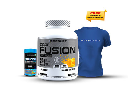 COREBOLICS CORE FUSION WHEY PROTEIN ( 2KG , 55 SERVINGS ) + Free T-Shirt & Pre-Workout (45G)