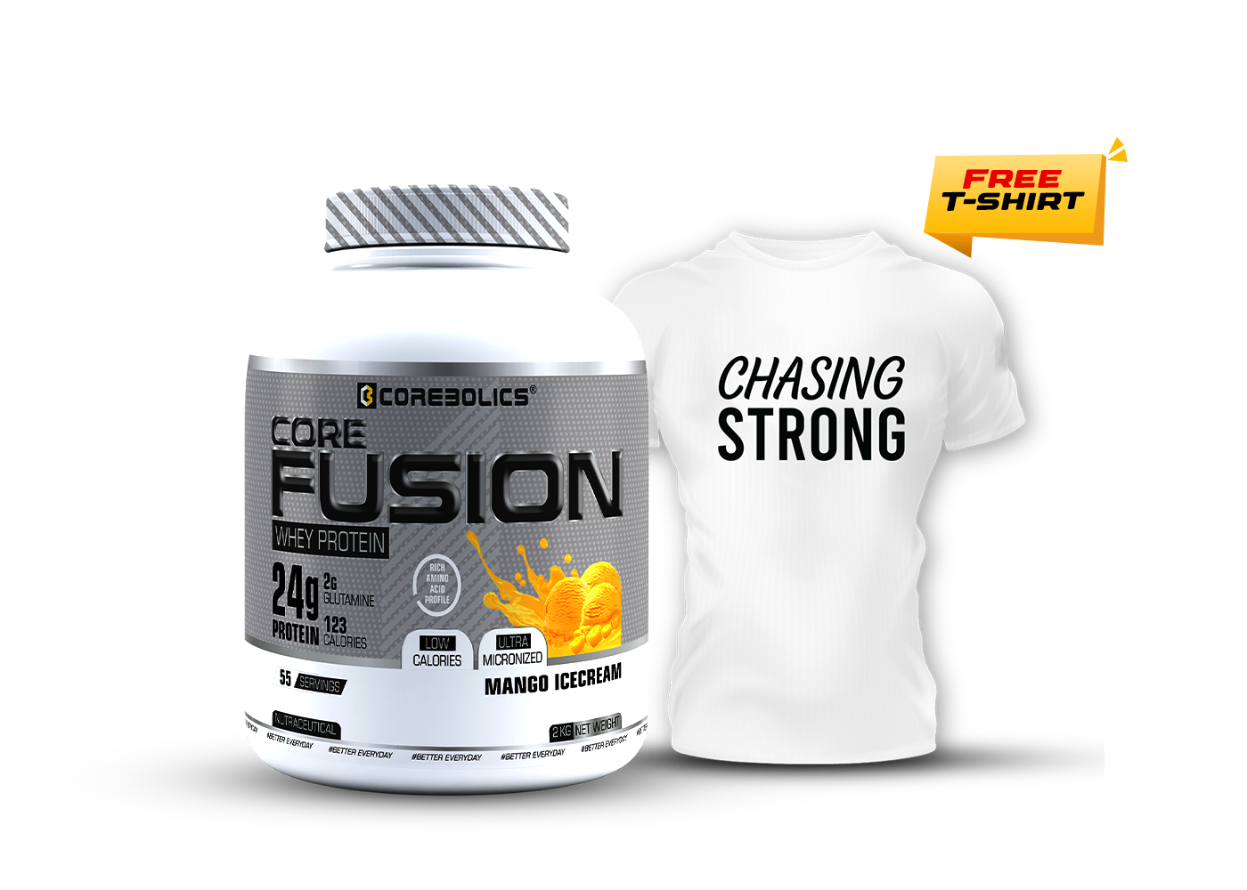 COREBOLICS CORE FUSION WHEY PROTEIN ( 2KG , 55 SERVINGS ) FREE T-Shirt