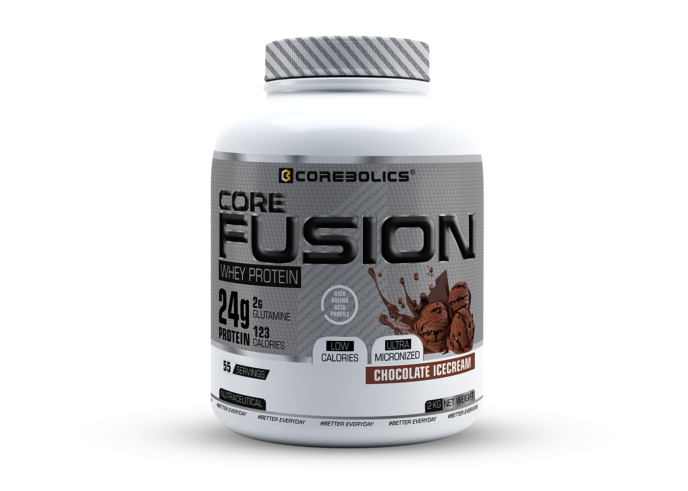 Corebolics Core Fusion 2kg chocolate incecream flavor Front view with nutrition details