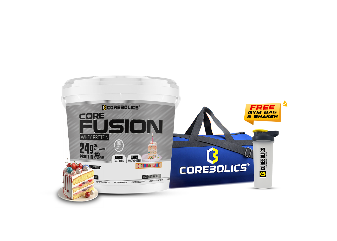 Corebolics Core Fusion Whey Protein ( 4 kg , 111 Servings ) + FREE GYM BAG And SHAKER