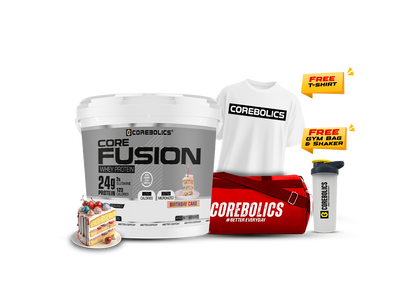 Corebolics core fusion whey protein 4kg birthday cake with t-shirt, bag & shaker
