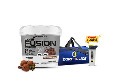 Corebolics Core Fusion Whey Protein ( 4 kg , 111 Servings ) + FREE GYM BAG And SHAKER