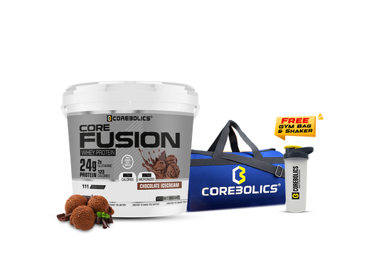 Corebolics Core Fusion Whey Protein ( 4 kg , 111 Servings ) + FREE GYM BAG And SHAKER