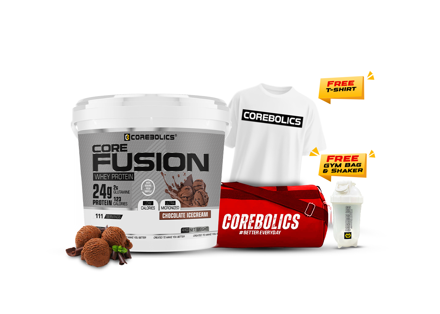 Corebolics Core Fusion Whey Protein ( 4 kg , 111 Servings ) + FREE GYM BAG, SHAKER and T-Shirt