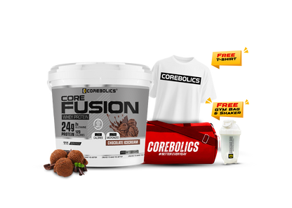 Corebolics Core Fusion Whey Protein ( 4 kg , 111 Servings ) + FREE GYM BAG, SHAKER and T-Shirt
