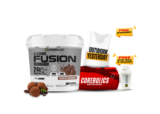 Corebolics Core Fusion Whey Protein ( 4 kg , 111 Servings ) + FREE GYM BAG, SHAKER and Stringer