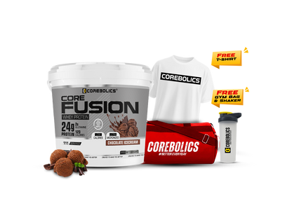 Corebolics core fusion whey protein 4kg chocolate icecream flavor with t-shirt, bag & shaker