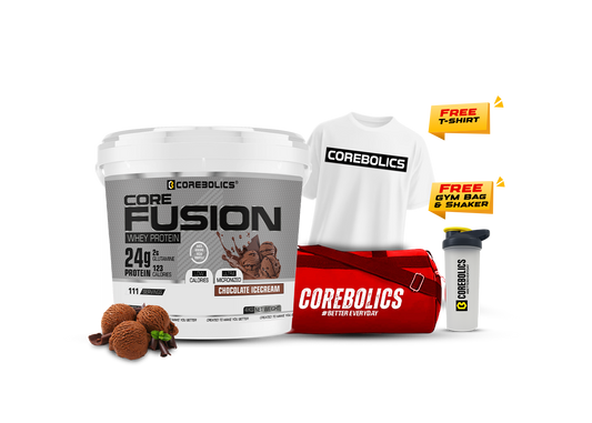 Corebolics core fusion whey protein 4kg chocolate icecream flavor with t-shirt, bag & shaker