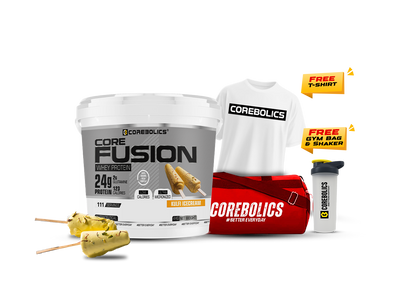 Corebolics core fusion whey protein 4kg kulfi icecream flavor with t-shirt, bag & shaker