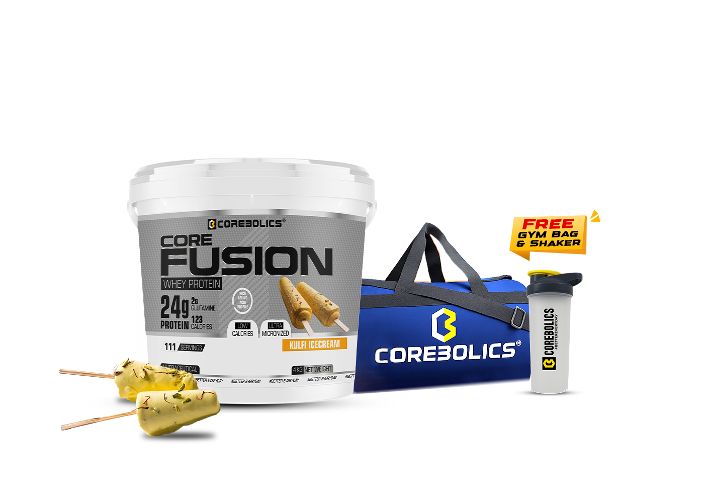Corebolics Core Fusion Whey Protein ( 4 kg , 111 Servings ) + FREE GYM BAG And SHAKER