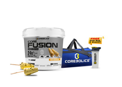 Corebolics Core Fusion Whey Protein ( 4 kg , 111 Servings ) + FREE GYM BAG And SHAKER