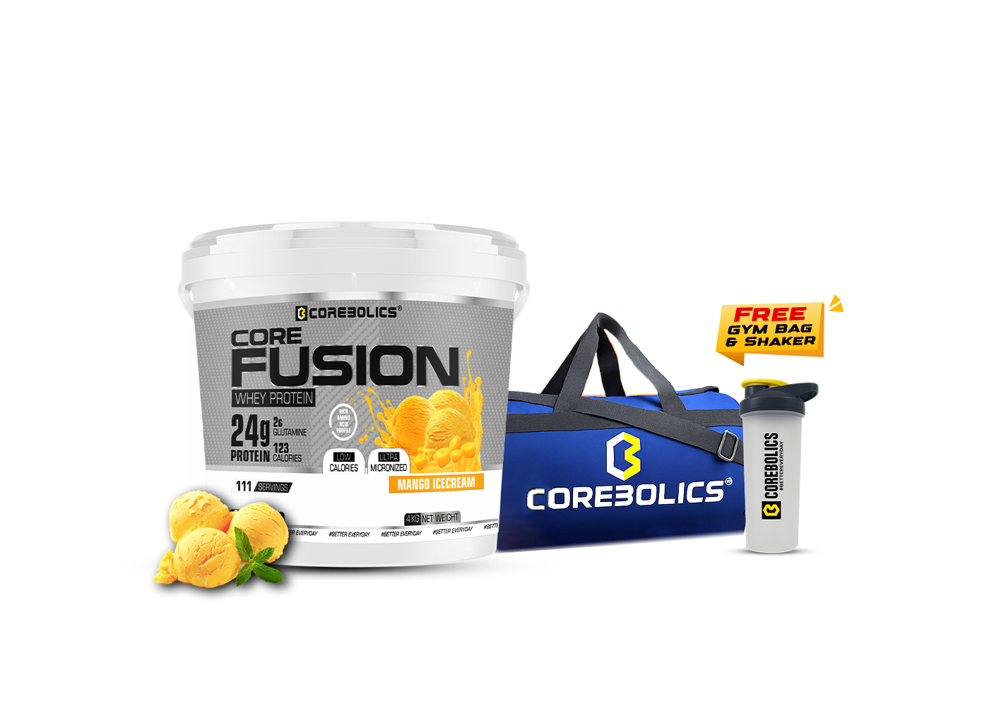Corebolics Core Fusion Whey Protein ( 4 kg , 111 Servings ) + FREE GYM BAG And SHAKER
