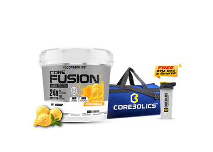 Corebolics Core Fusion Whey Protein ( 4 kg , 111 Servings ) + FREE GYM BAG And SHAKER