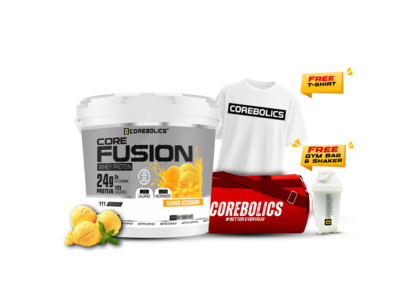 Corebolics Core Fusion Whey Protein ( 4 kg , 111 Servings ) + FREE GYM BAG, SHAKER and T-Shirt