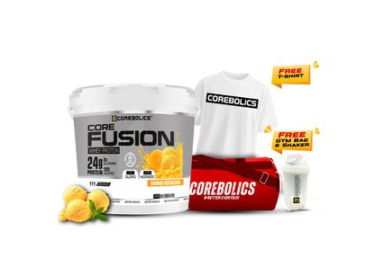 Corebolics Core Fusion Whey Protein ( 4 kg , 111 Servings ) + FREE GYM BAG, SHAKER and T-Shirt