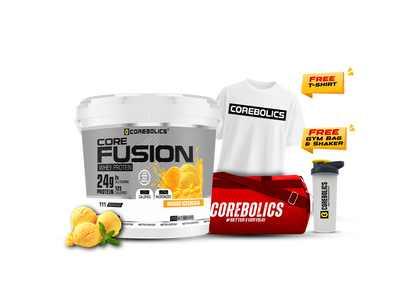 Corebolics core fusion whey protein 4kg mango icecream flavor with t-shirt, bag & shaker