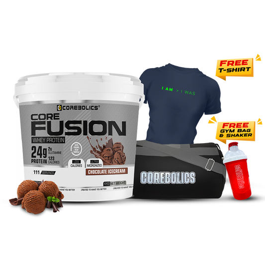 Corebolics Core Fusion Whey Protein (4 kg , 111 Servings) + FREE GYM BAG, SHAKER and T-Shirt