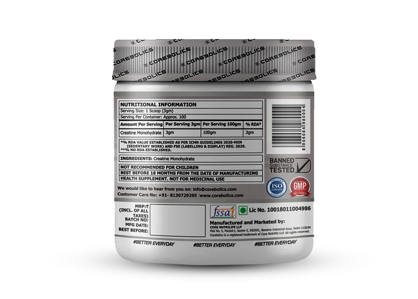 Corebolics Creatine Monohydrate Micronized Powder(Unflavored, 300 gm, 100 Servings)