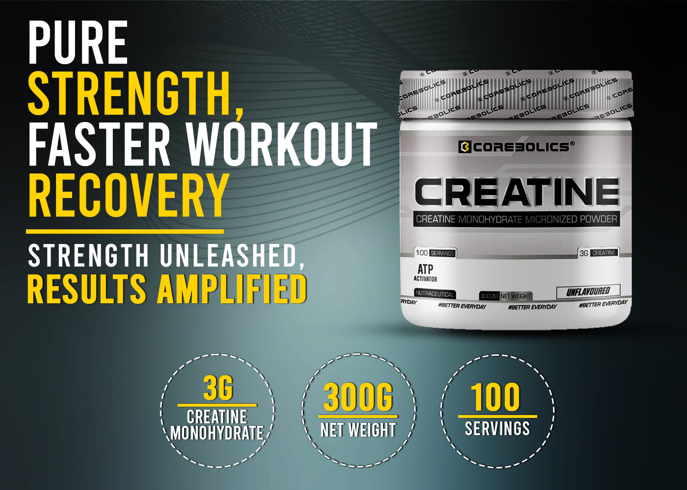 Corebolics Creatine Monohydrate Micronized Powder(Unflavored, 300 gm, 100 Servings)