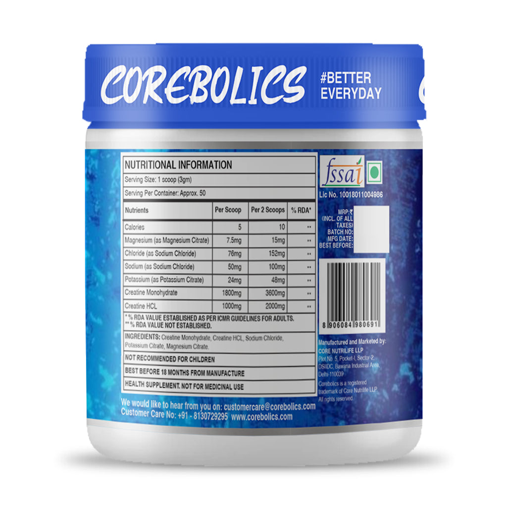 Corebolics Creatine (Creatine + Electrolyte) (Unflavored, 150 gm, 50 Servings)