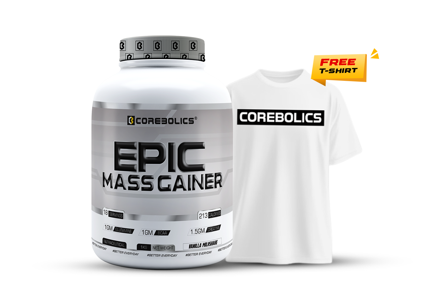 Corebolics Epic Mass Gainer (1 kg, 18 Servings) + T-Shirt free