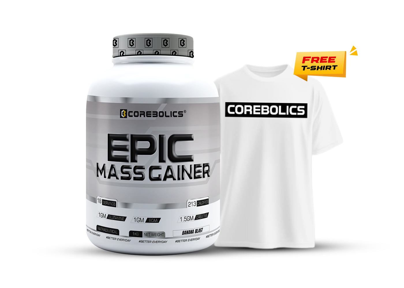 Corebolics Epic Mass Gainer (1 kg, 18 Servings) + T-Shirt free