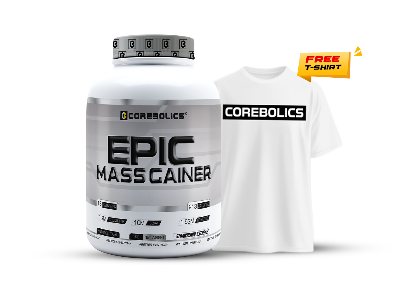 Corebolics Epic Mass Gainer (1 kg, 18 Servings) + T-Shirt free