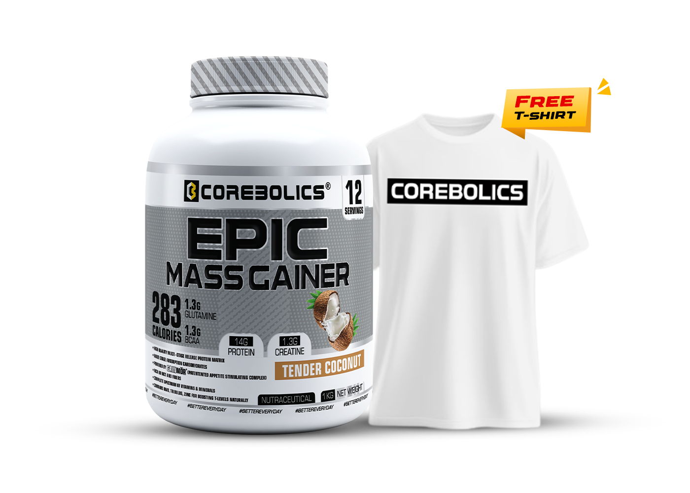 Corebolics Epic Mass Gainer (1 kg, 18 Servings) + T-Shirt free