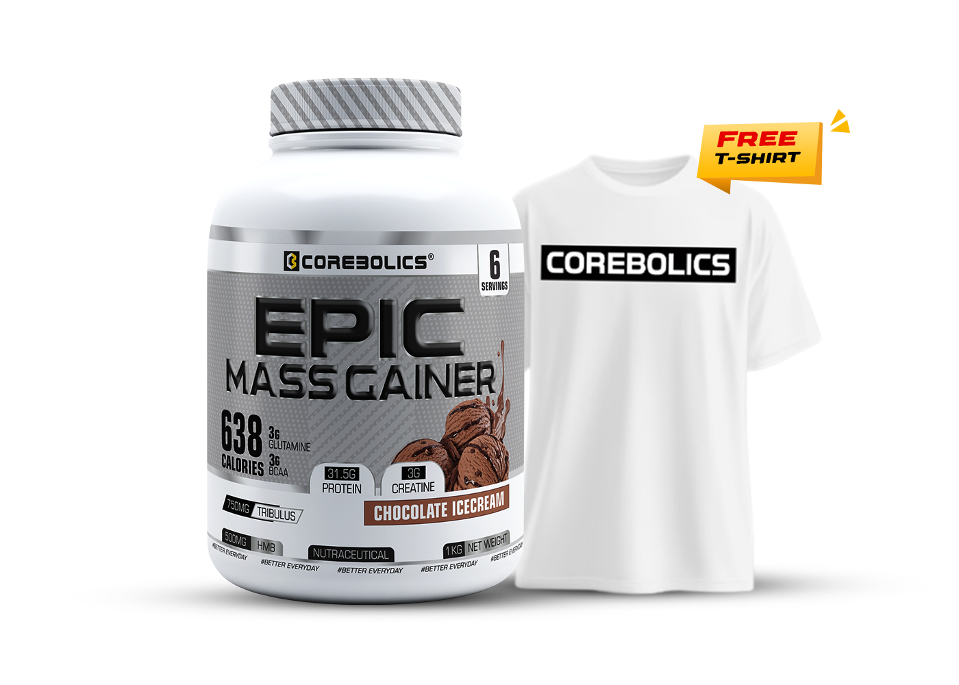 Corebolics Epic Mass Gainer (1 kg, 18 Servings) + T-Shirt free