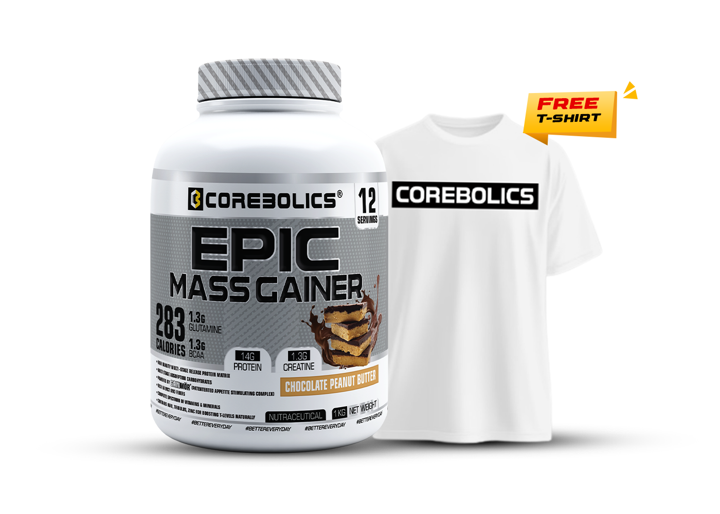 Corebolics Epic Mass Gainer (1 kg, 18 Servings) + T-Shirt free