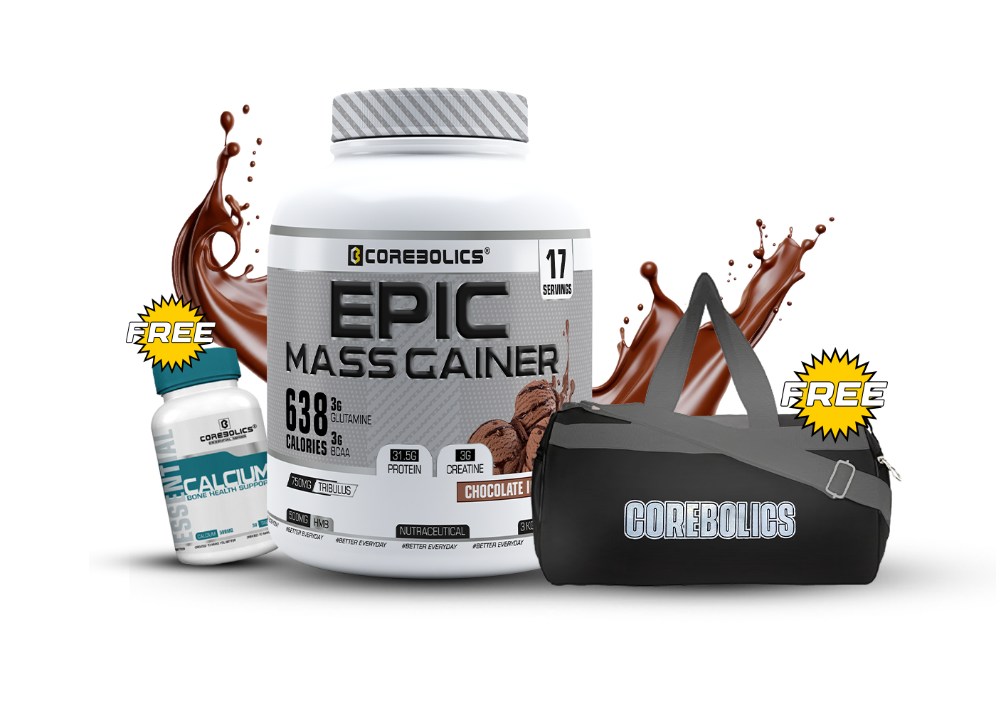 Corebolics Epic Mass Gainer(3 kg, 50 Servings)+ free gym bag and Calcium ( 30 Tablets)